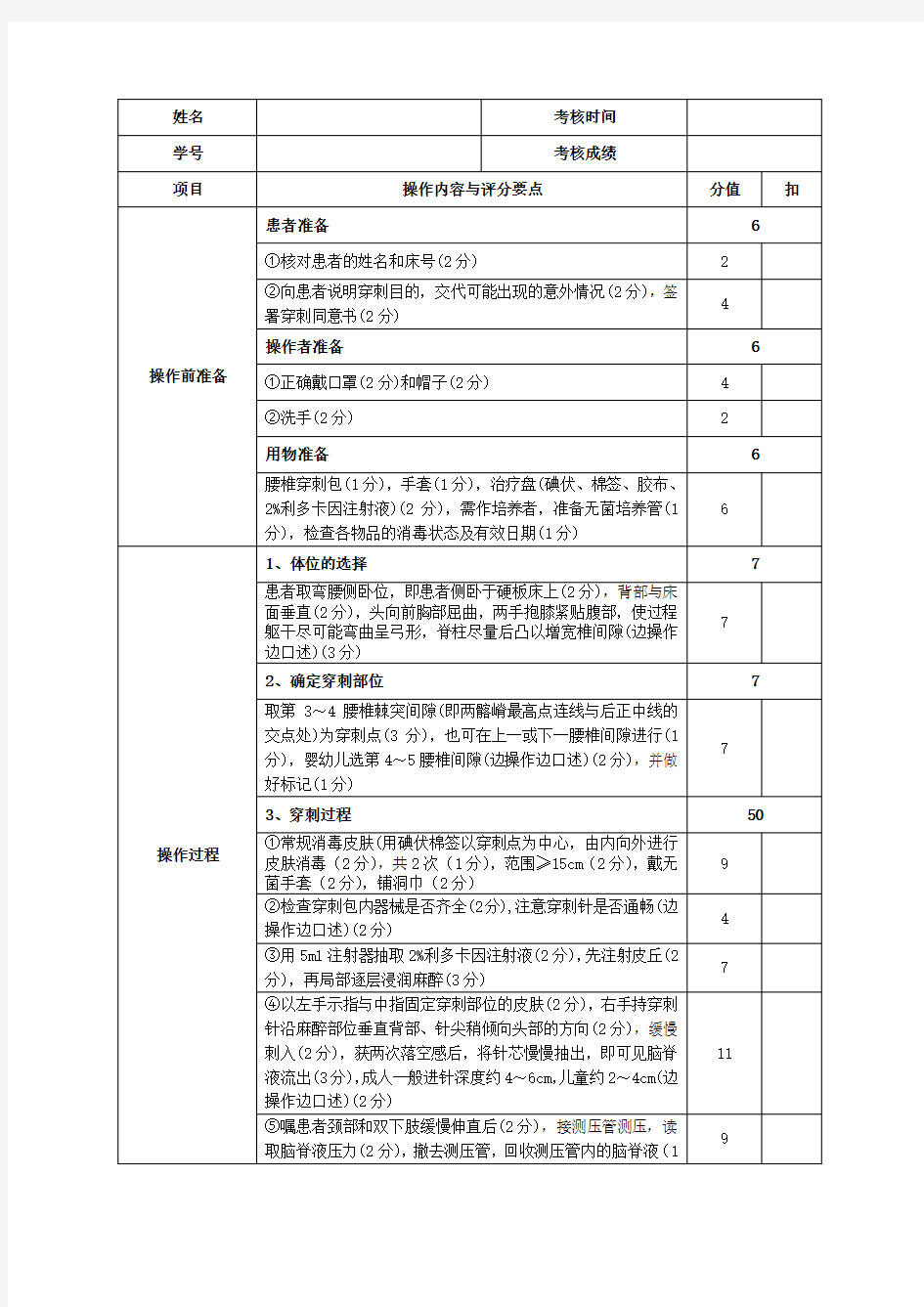 ( 腰椎穿刺术  )评分标准