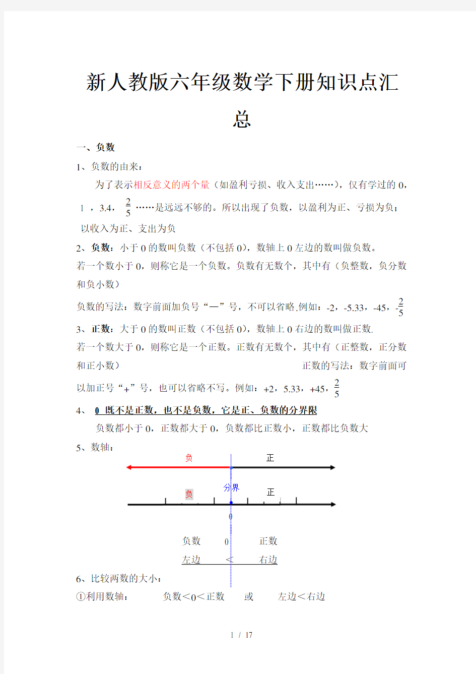 新人教版六年级数学下册知识点汇总