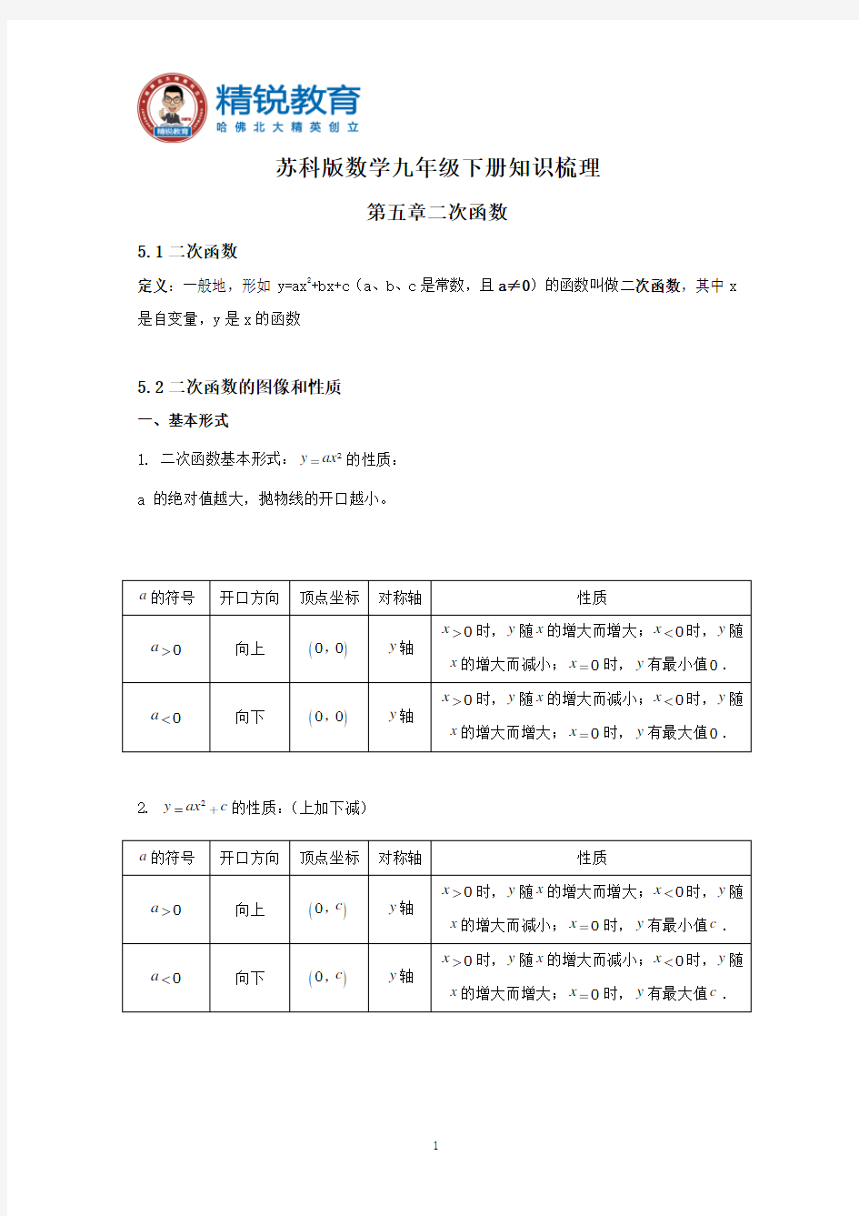 苏科版数学九年级下册知识梳理