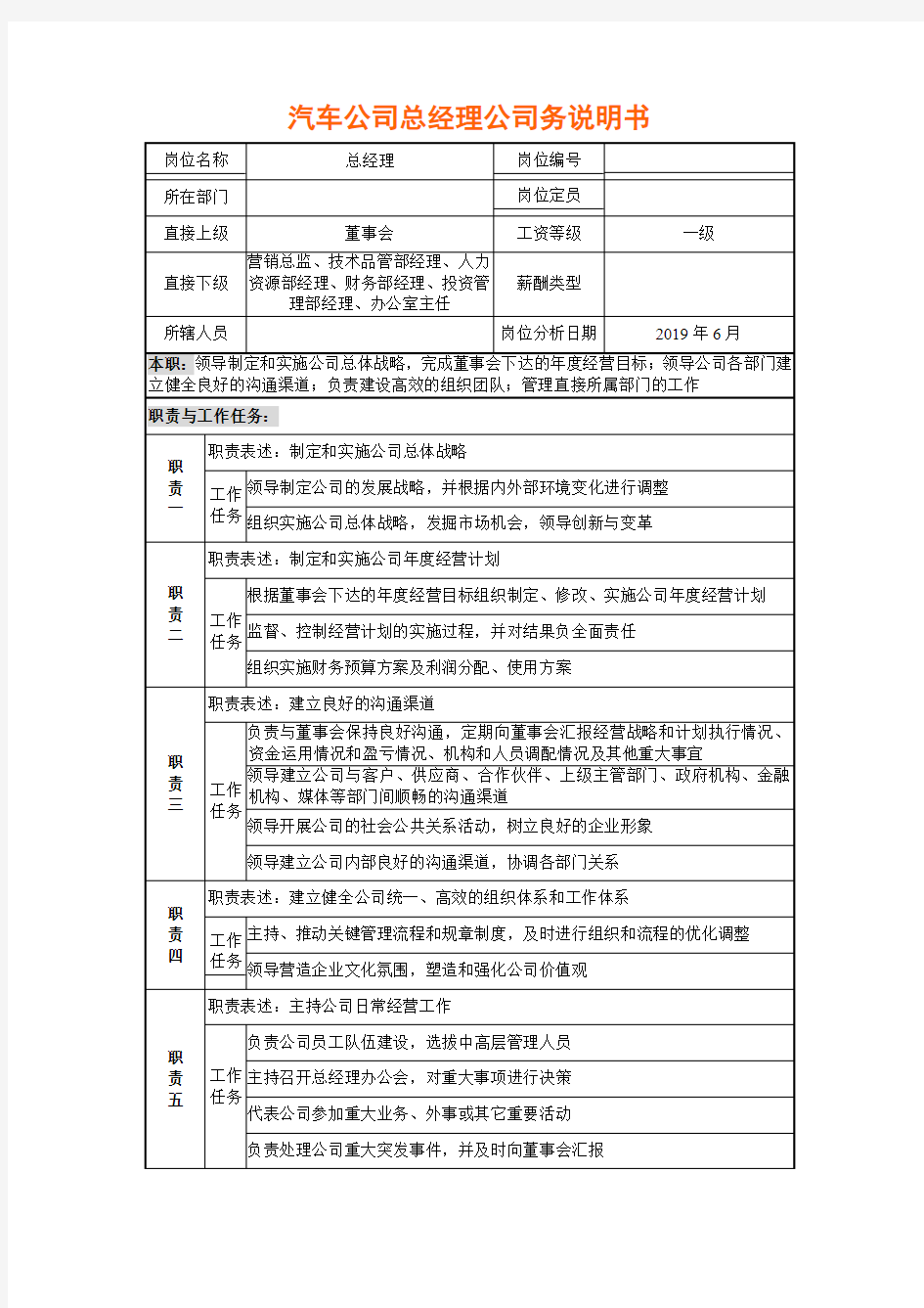 汽车公司总经理岗位说明书