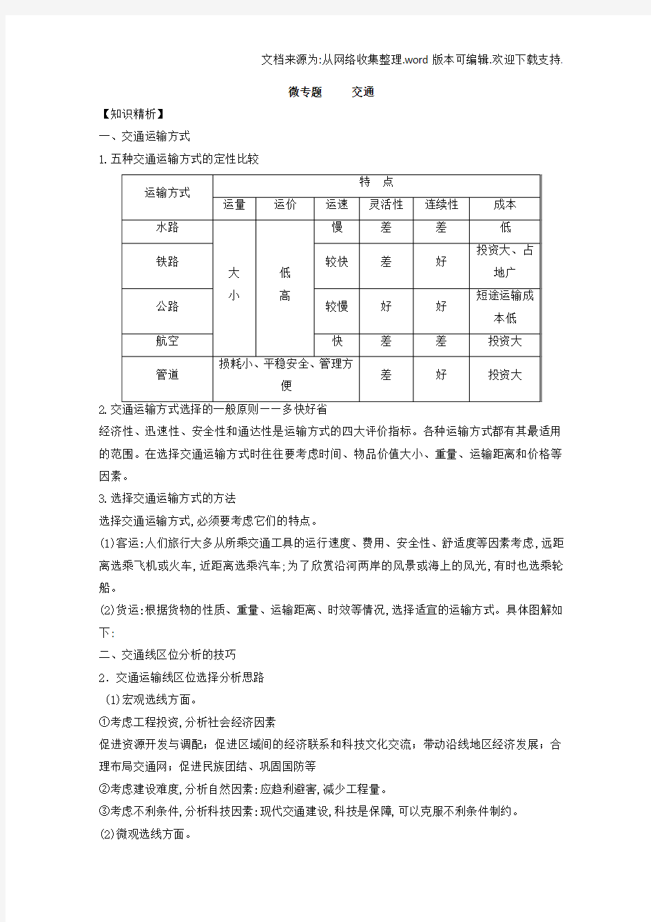 专题十交通微专题10.1交通运输方式与布局二轮地理微专题要素探究与设计Word版含解析