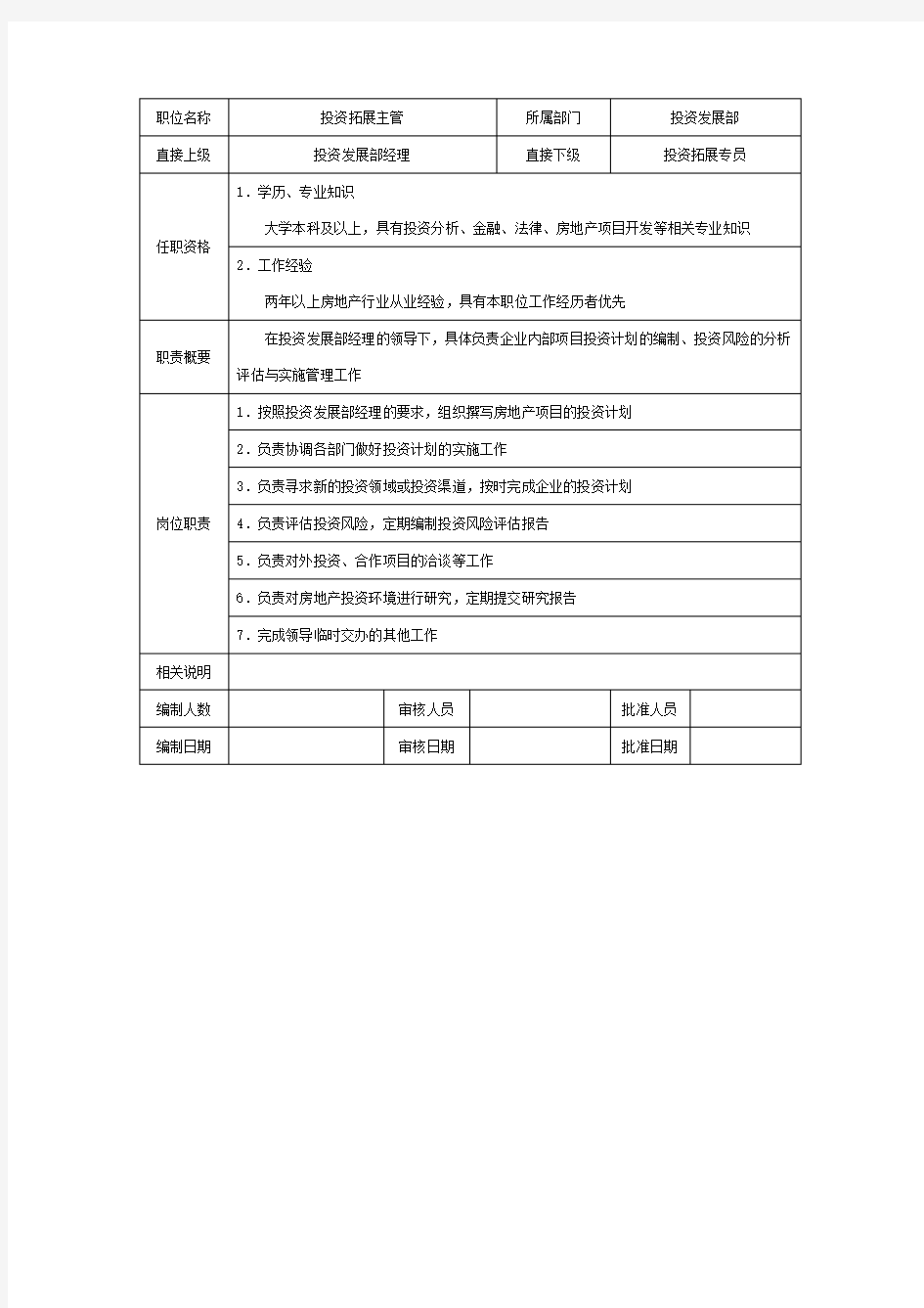 房地产企业投资拓展主管职位说明书