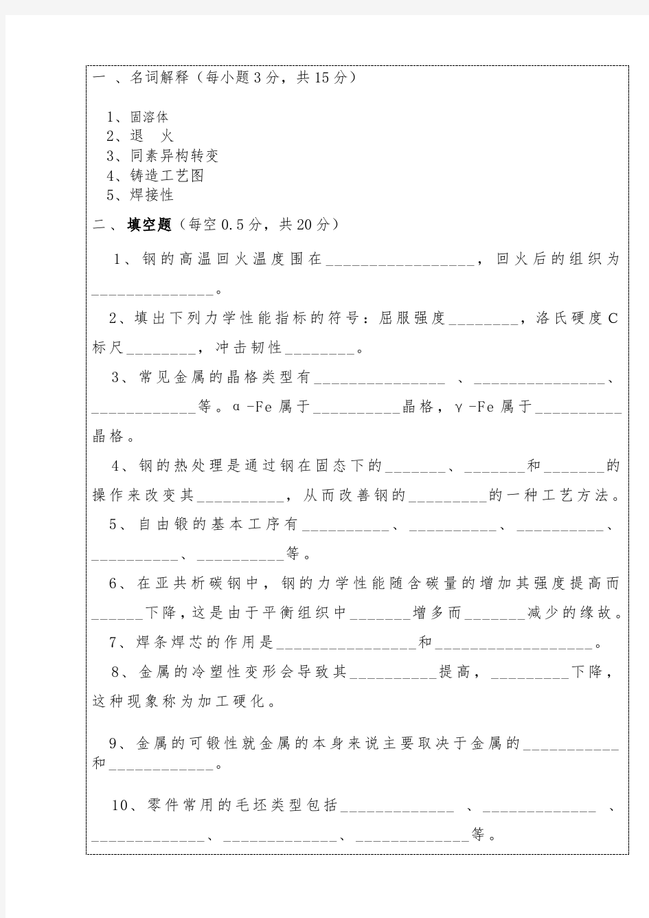 机械工程材料和成型技术考试试题和答案