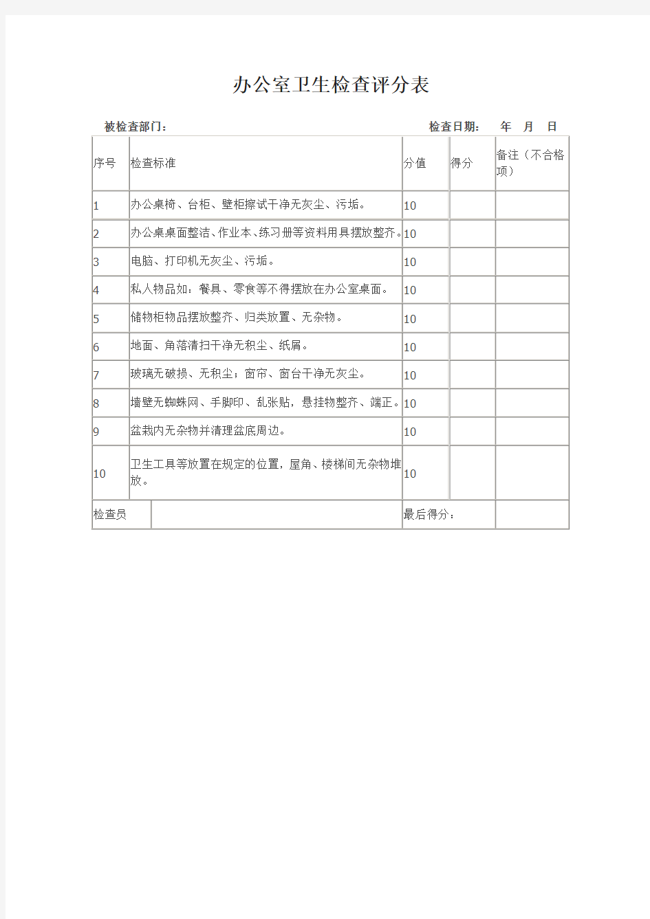 办公室卫生检查表