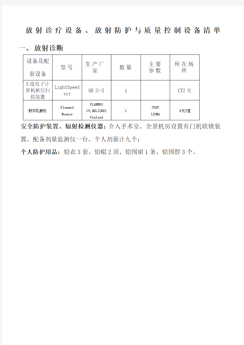 放射诊疗设备放射防护与质量控制设备清单