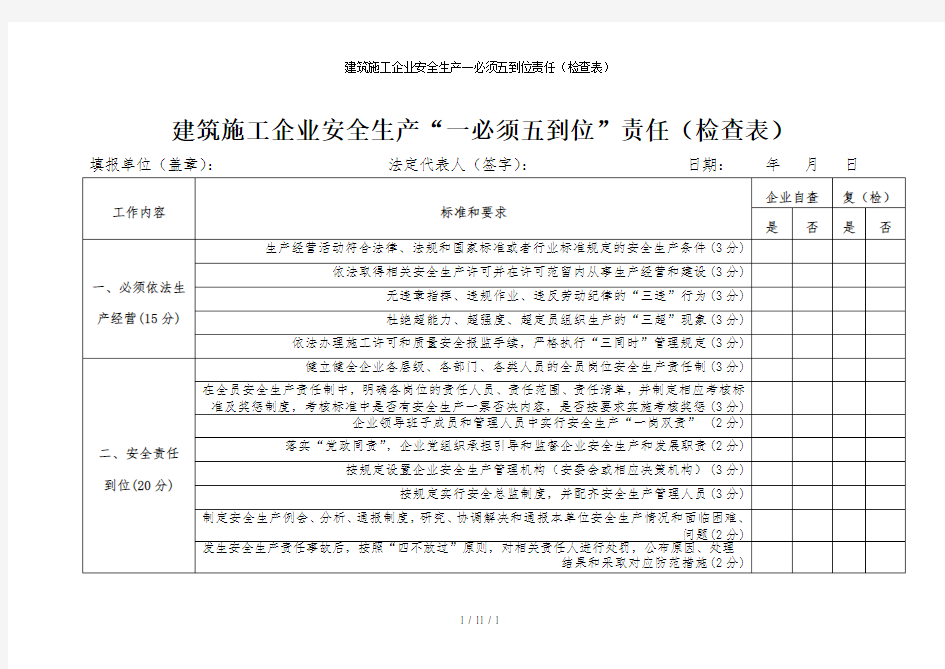 建筑施工企业安全生产一必须五到位责任(检查表)