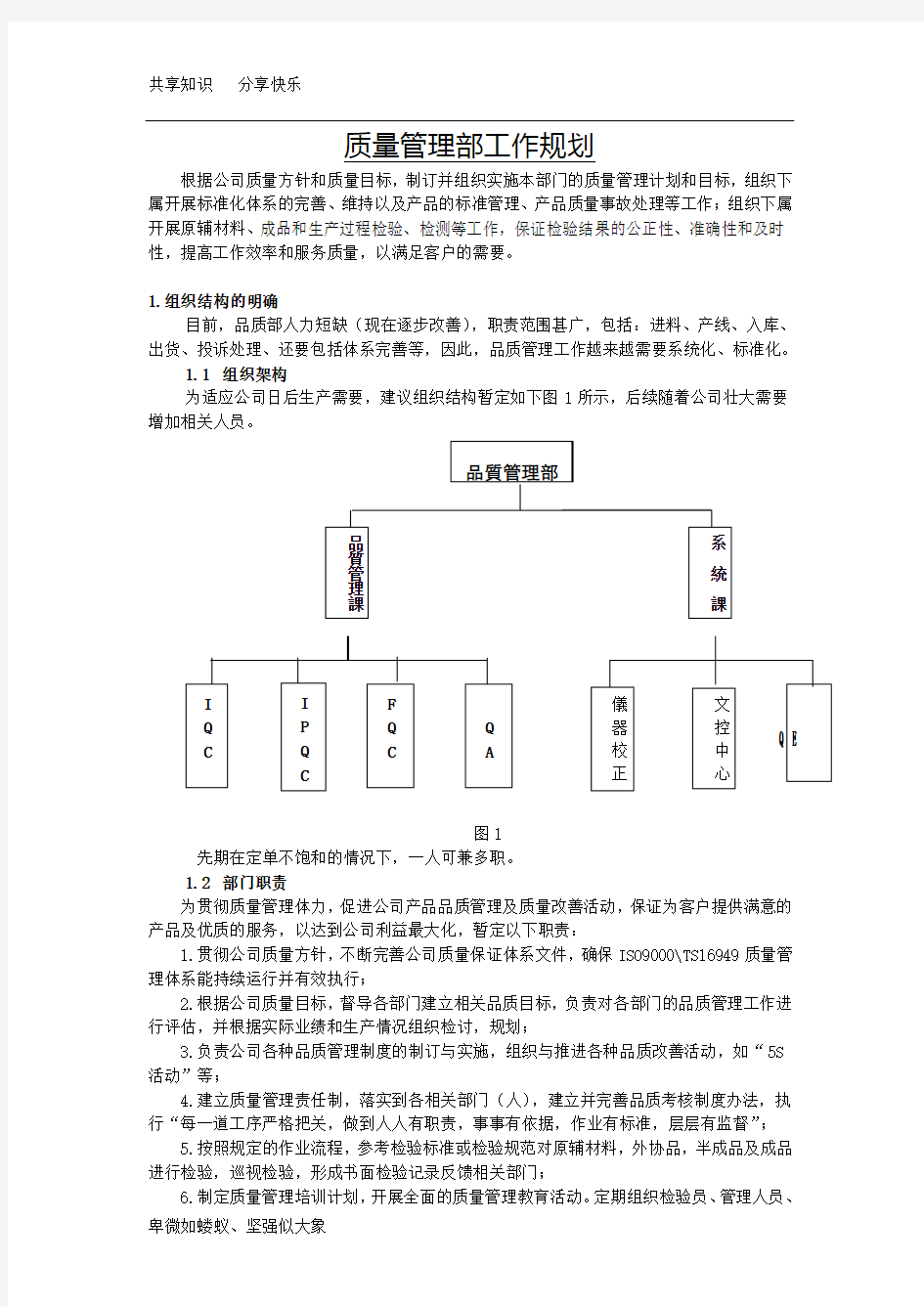 质量管理部工作规划