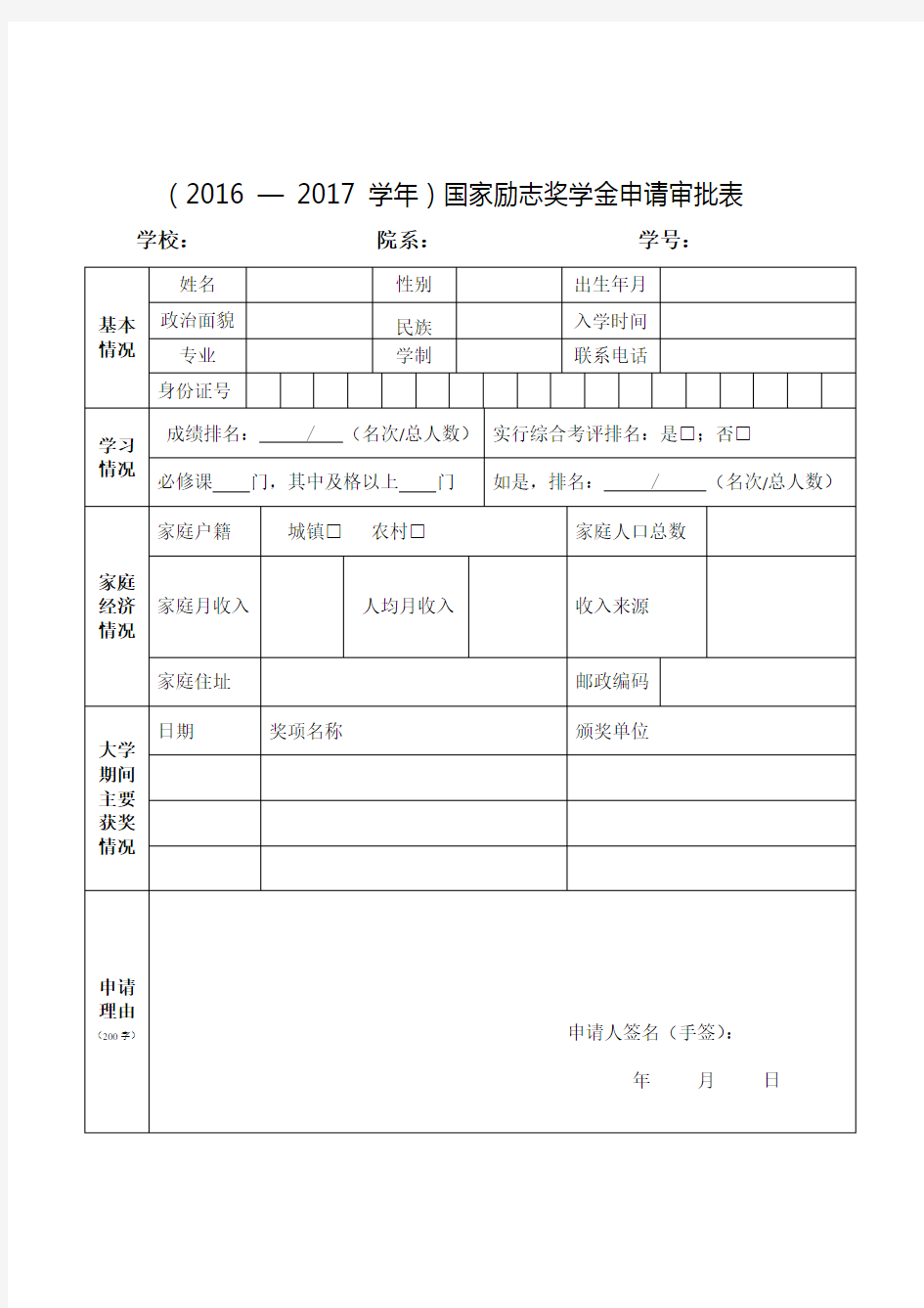 (2016 — 2017 学年)国家励志奖学金申请审批表