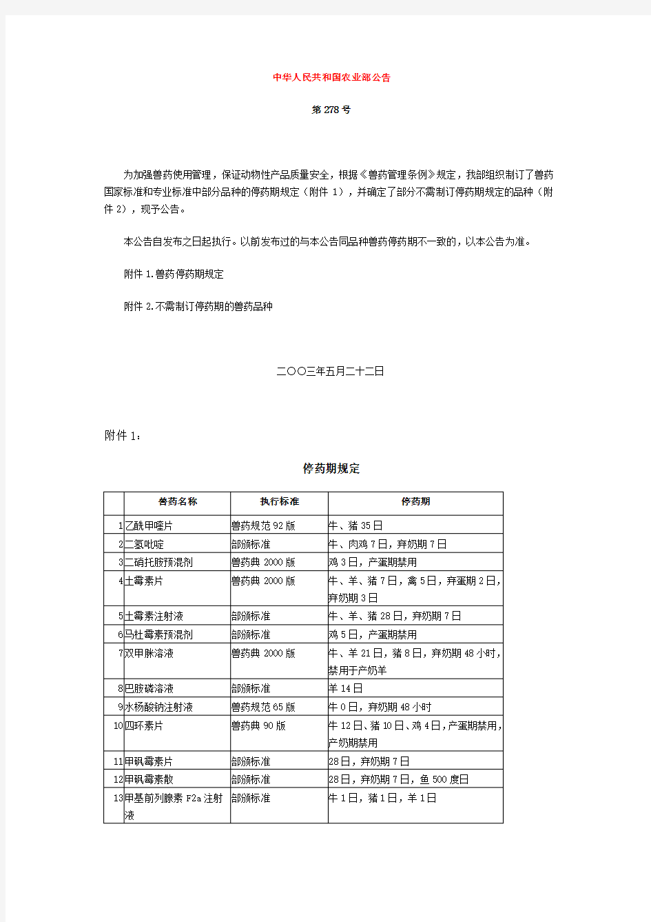 36.中华人民共和国农业部公告 第278号           