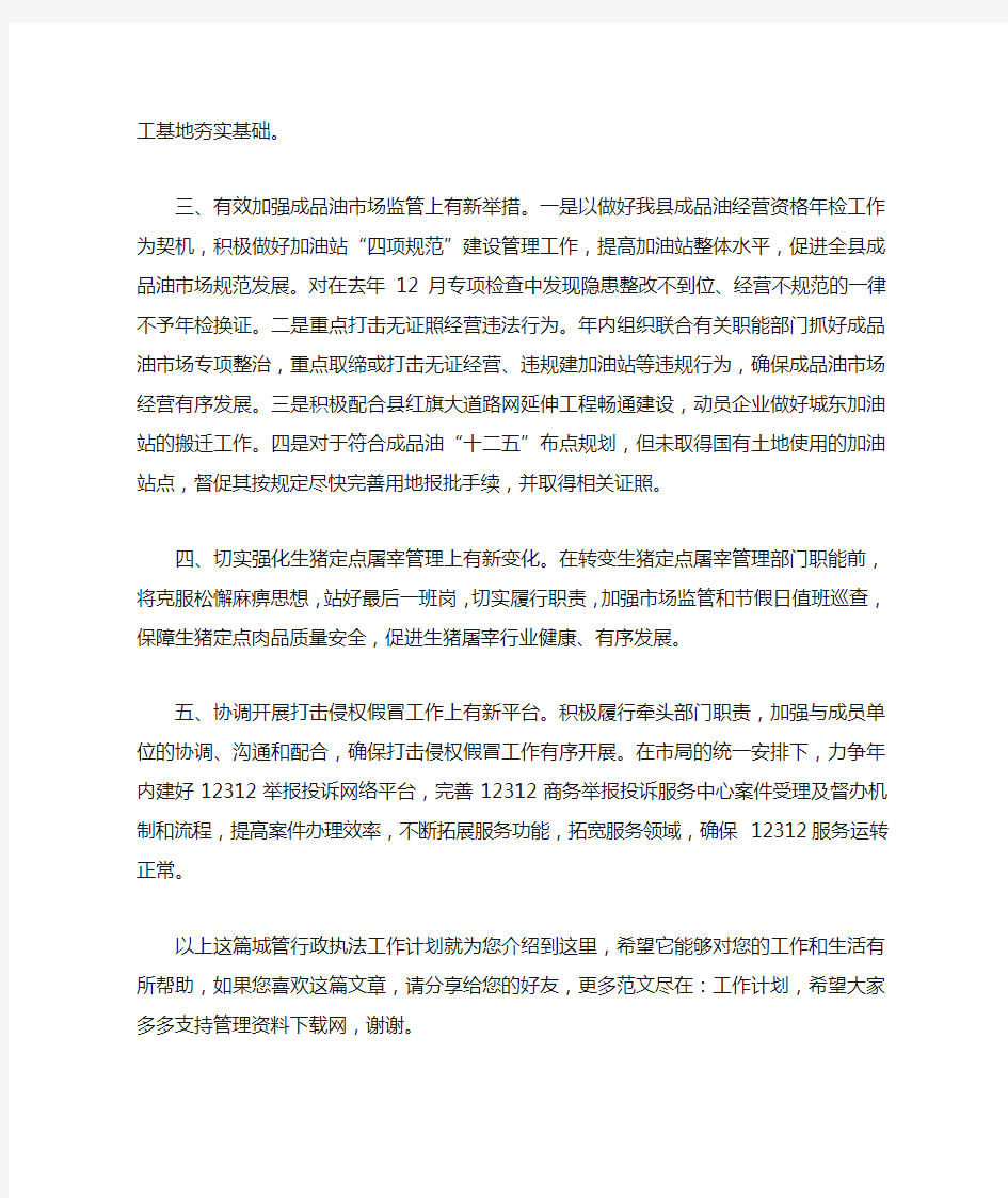 城管行政执法工作计划