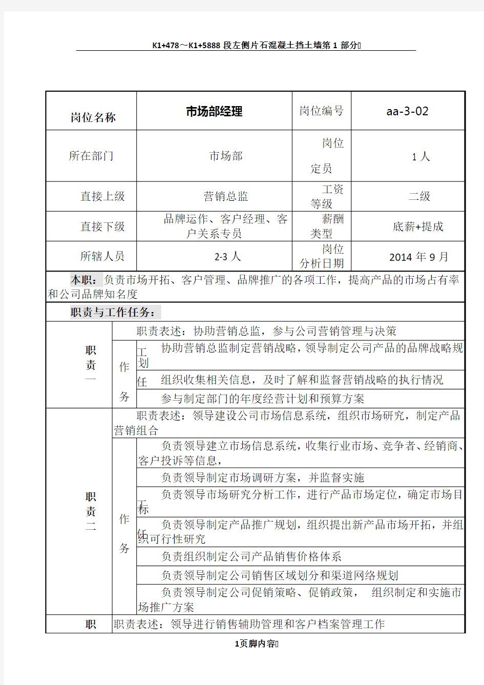 一家食品厂市场部经理岗位说明书