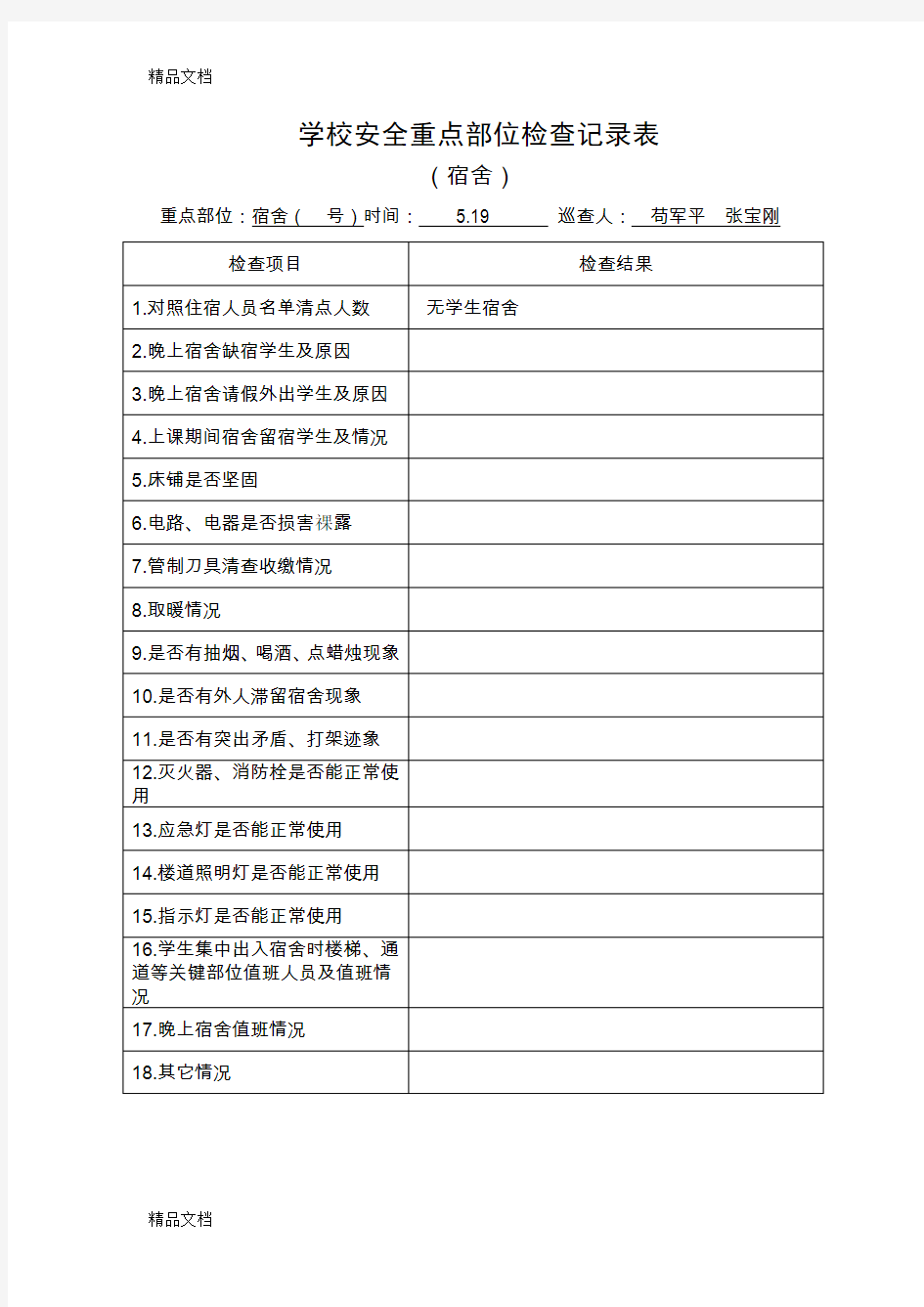 最新学校安全重点部位检查记录表