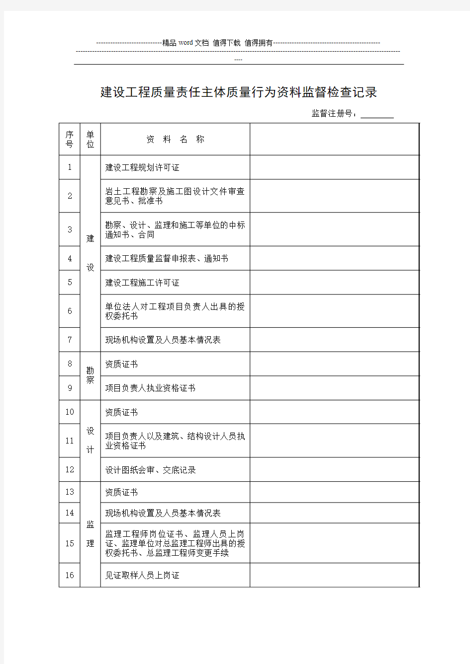 建设工程质量责任主体质量行为资料监督检查记录