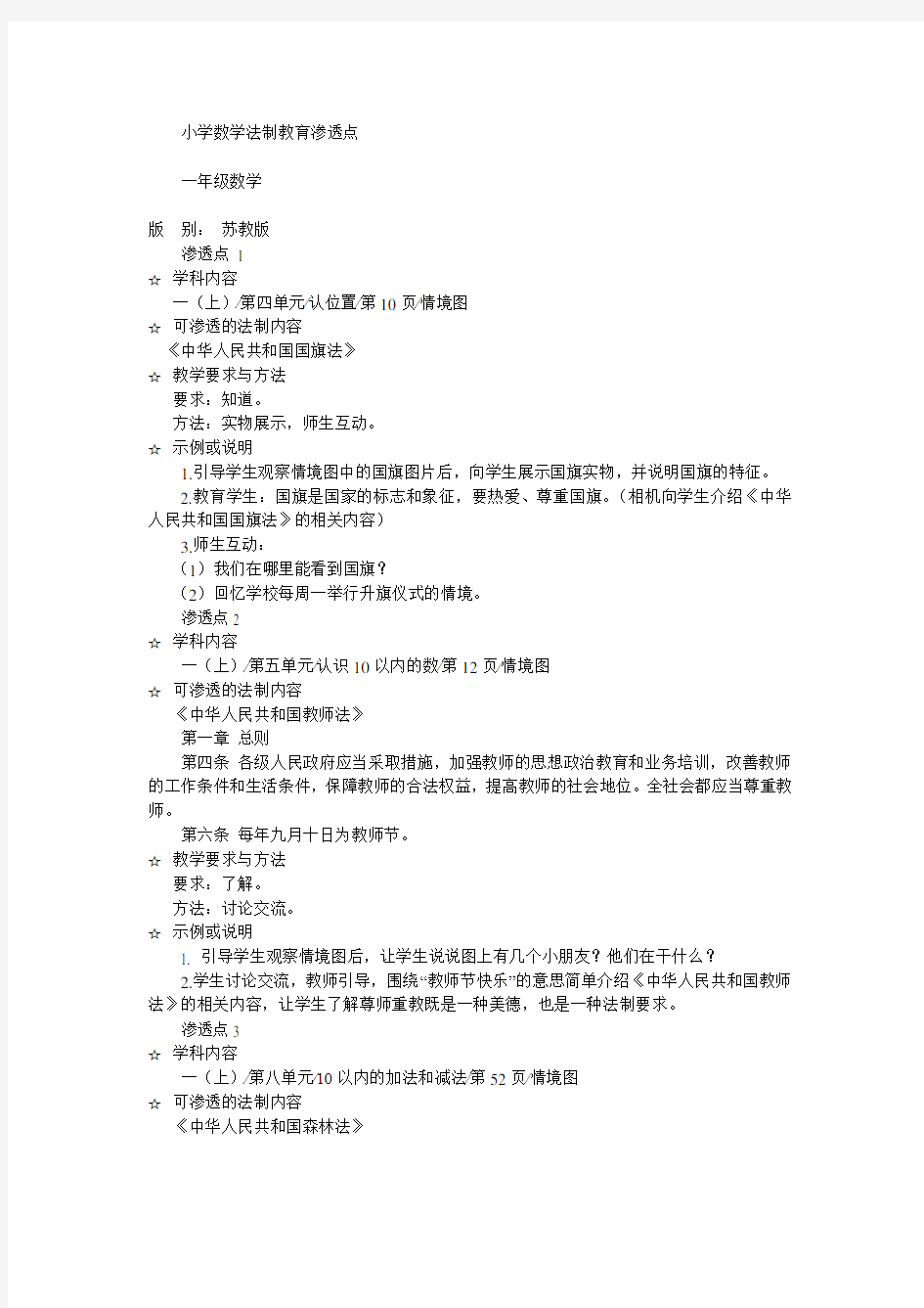 小学数学学科渗透法制教育点