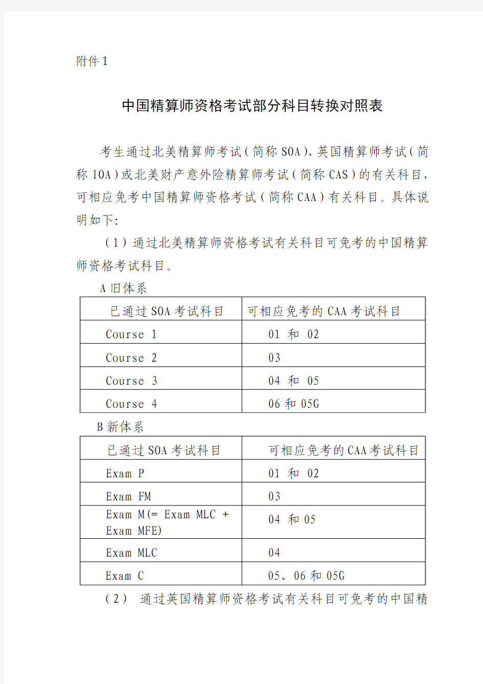 中国精算师资格考试部分科目转换对照表(2010.11.4)