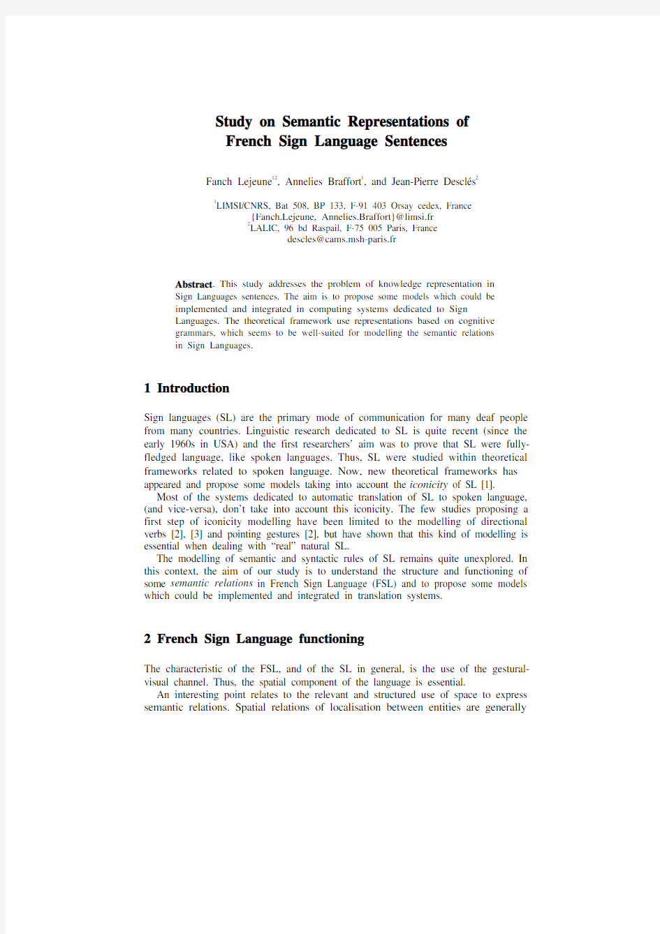 Study on Semantic Representations of French Sign Language Sentences