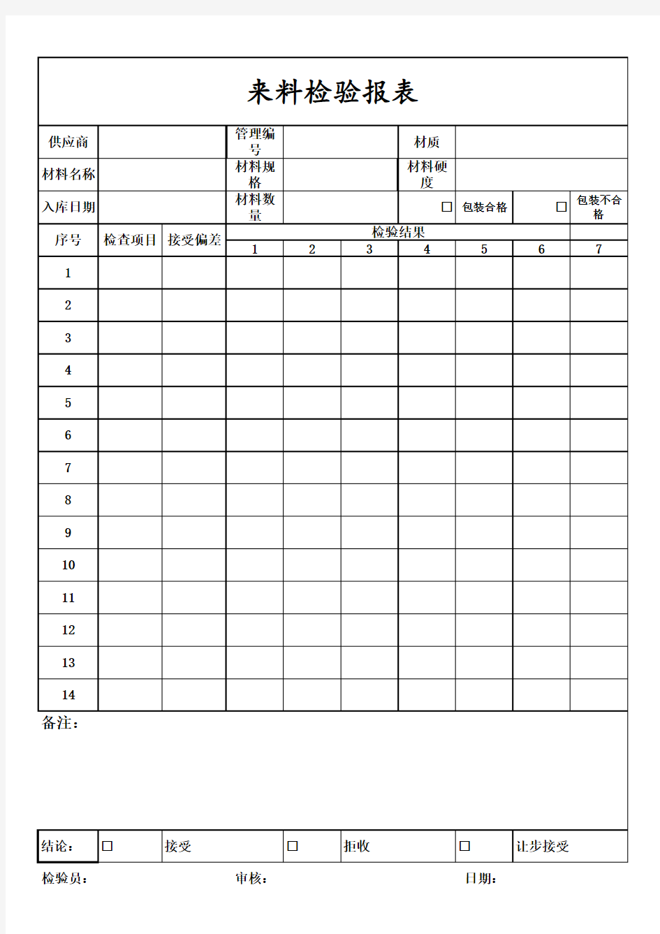 来料检验报表表格