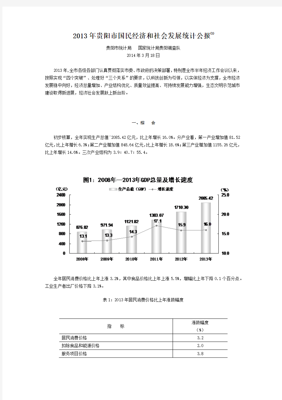 2013年贵阳市国民经济和社会发展统计公报