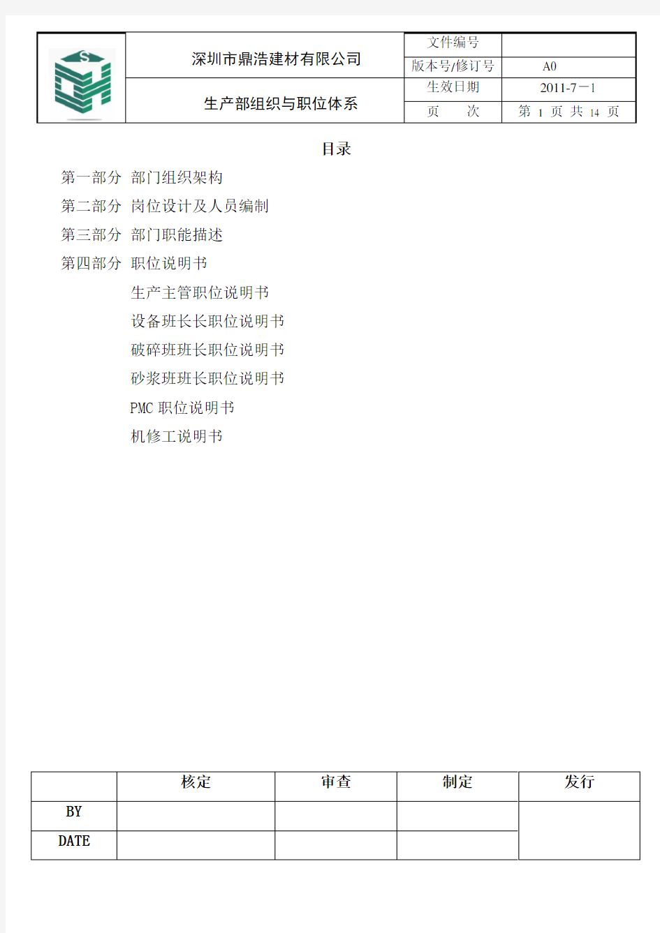 生产部组织架构及岗位职责说明