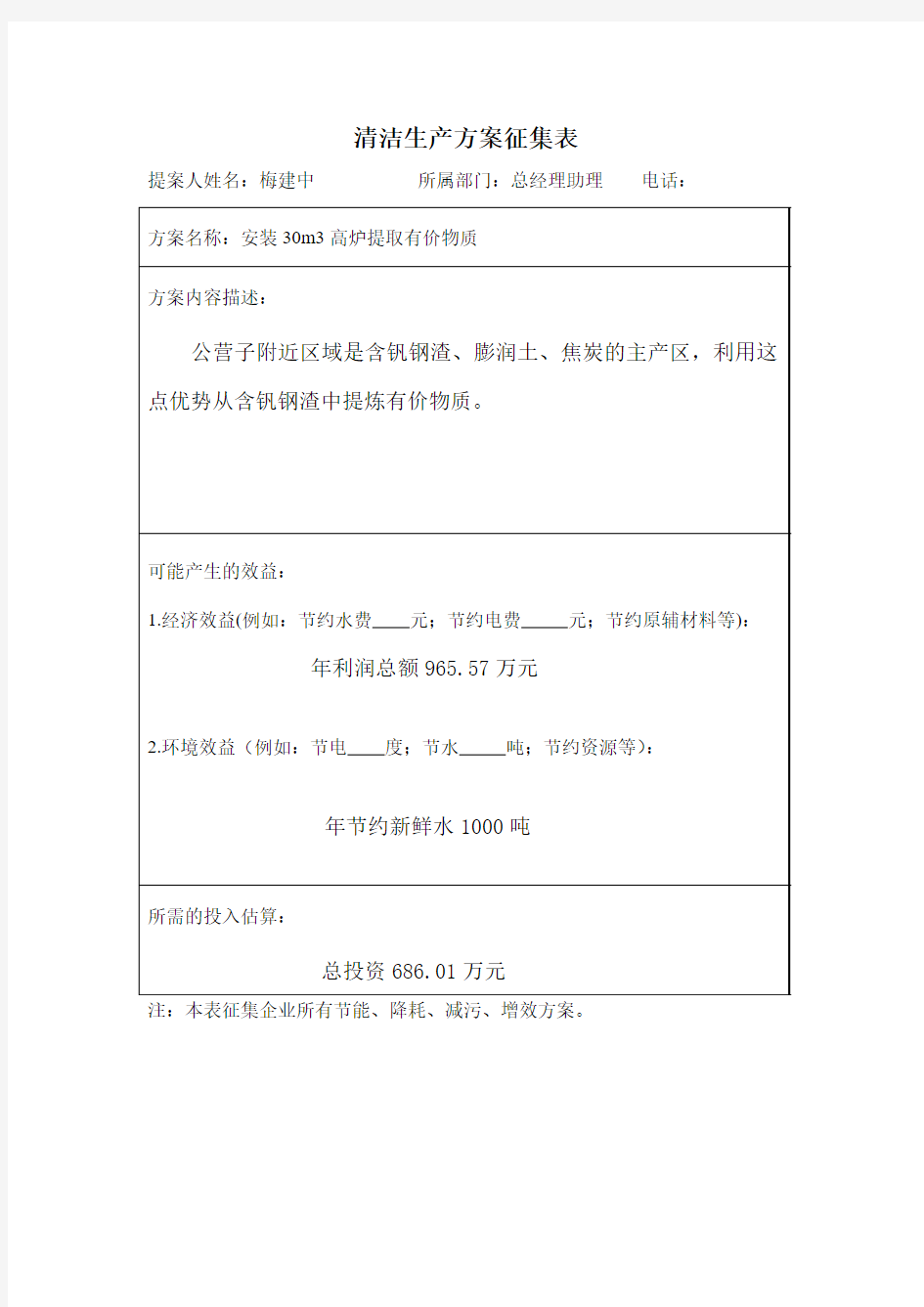 清洁生产方案征集表