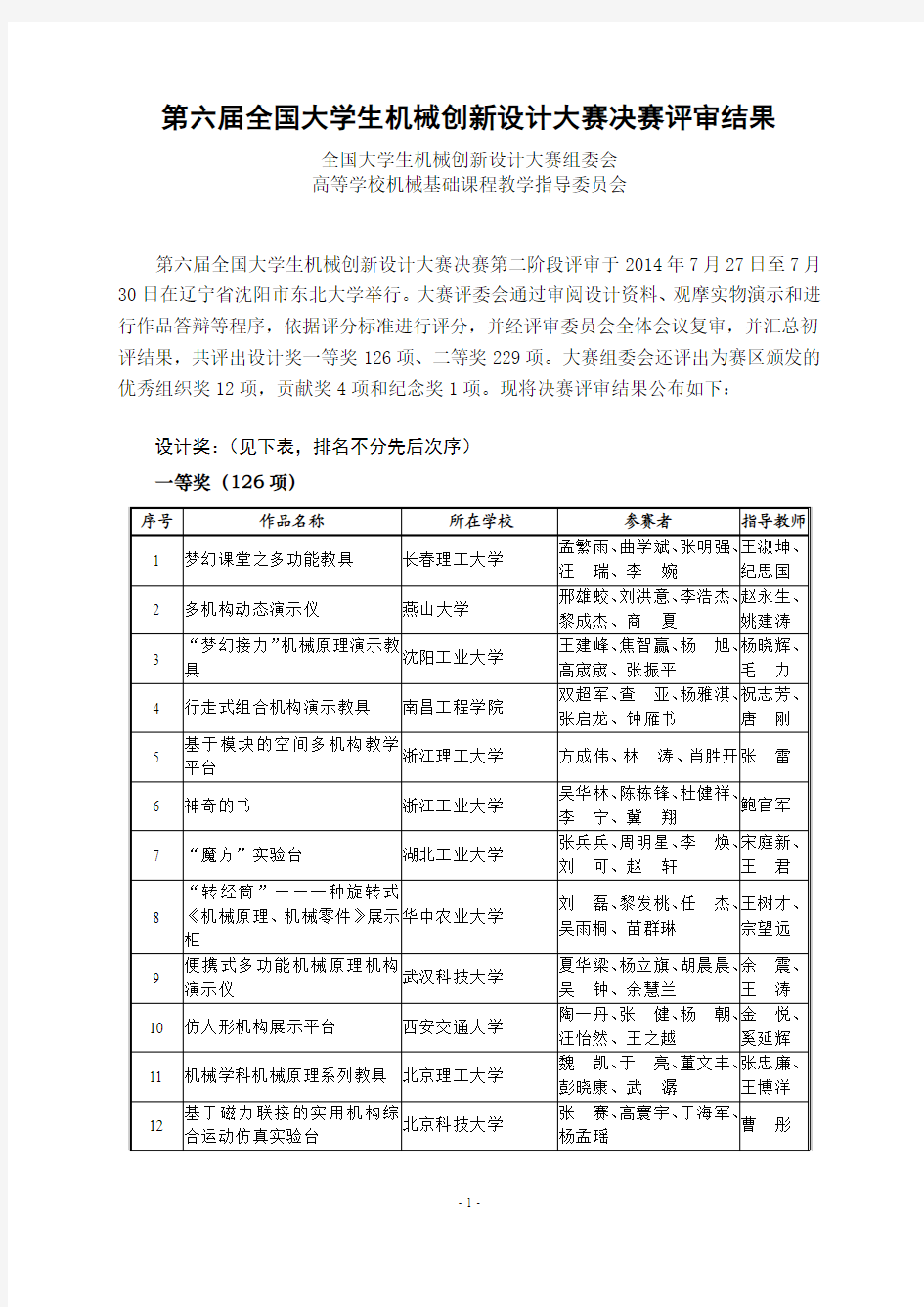 第六届全国大学生机械创新大赛决赛结果