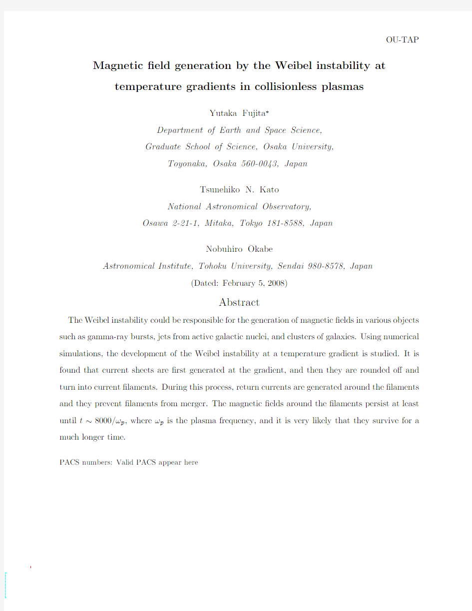 Magnetic field generation by the Weibel instability at temperature gradients in collisionle