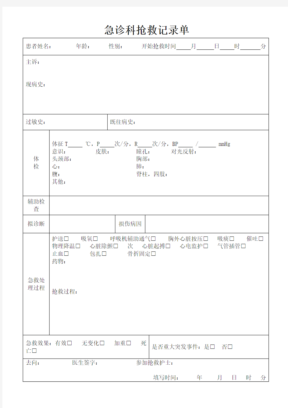 急诊科抢救记录单