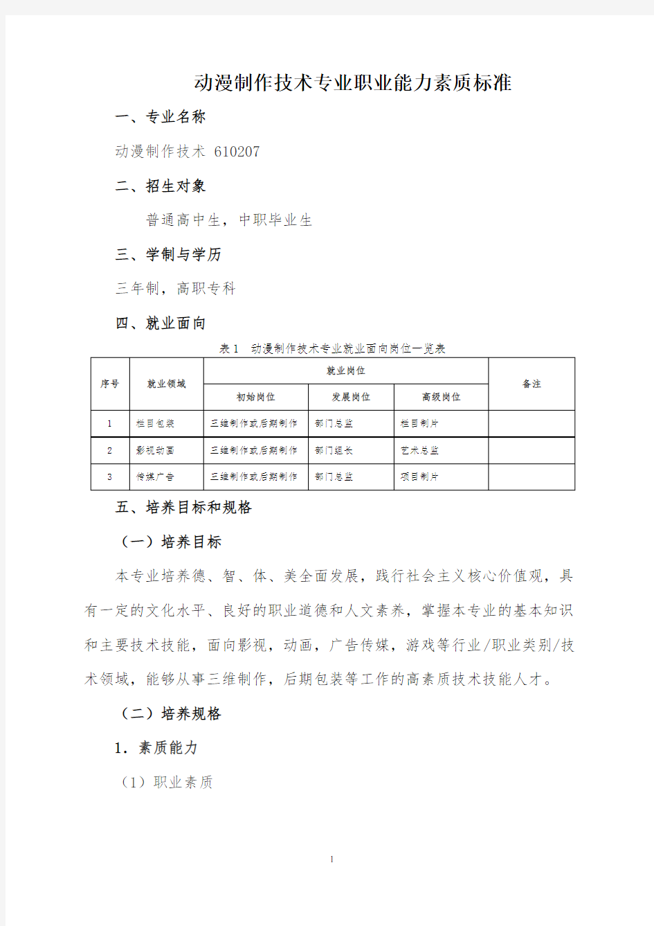 动漫制作技术专业职业能力素质标准