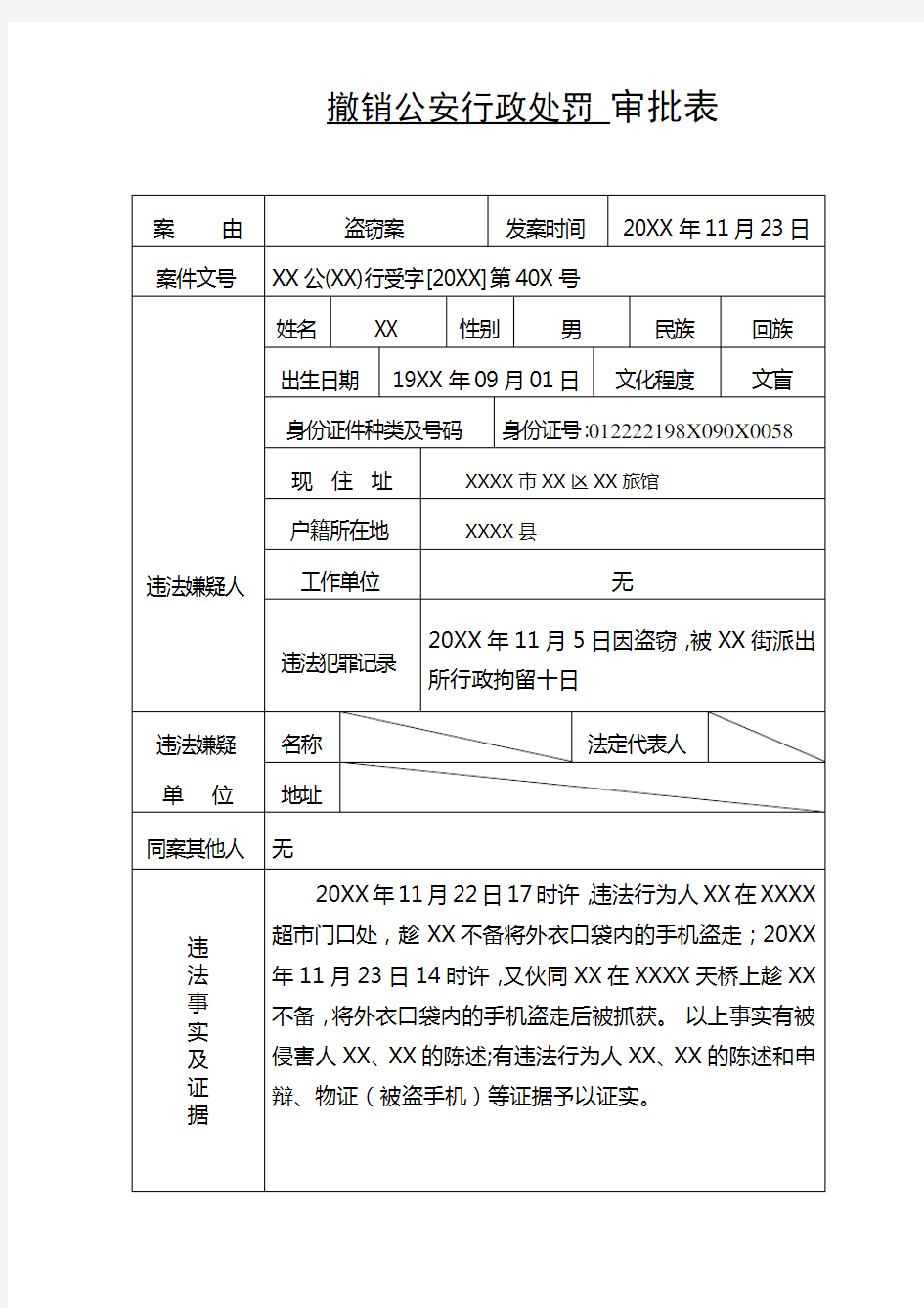 公安机关对盗窃违法嫌疑人因行政拘留处罚变更为强制教育措施而撤销公安行政处罚审批表示例