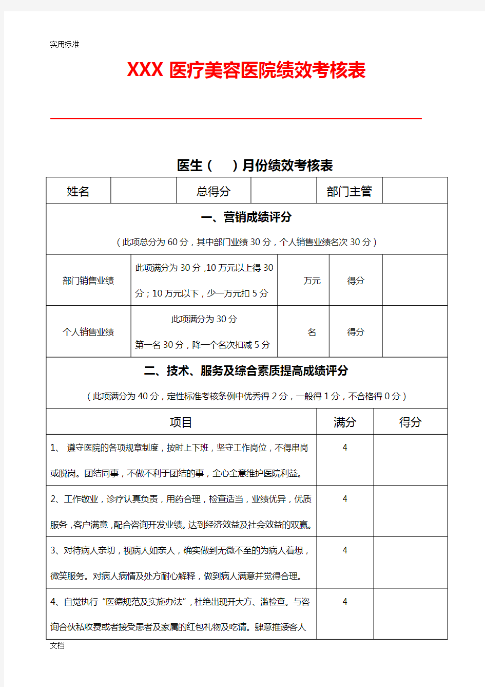 整形医院绩效考核实用的标准