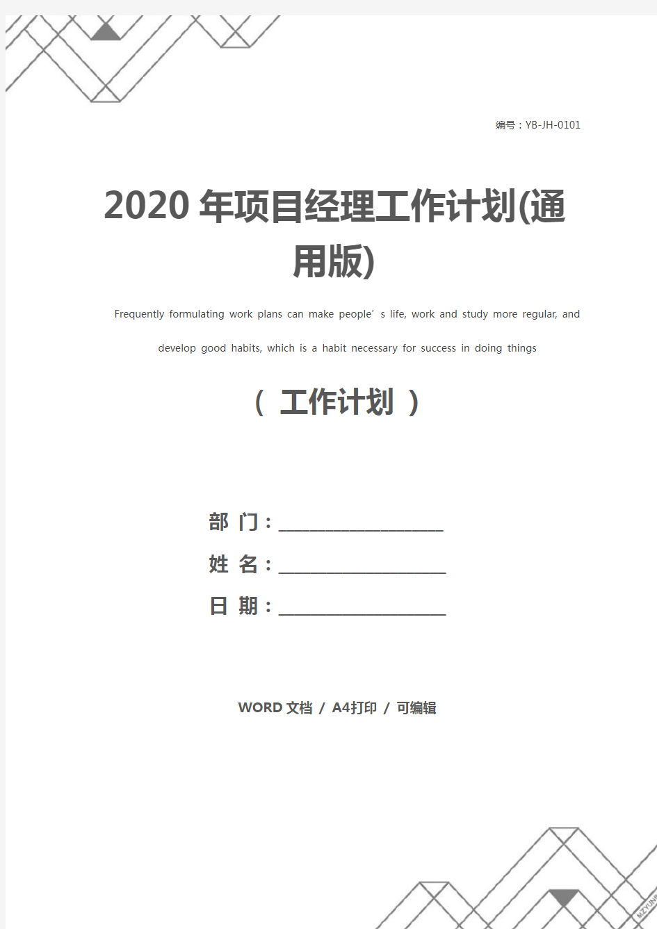 2020年项目经理工作计划(通用版)