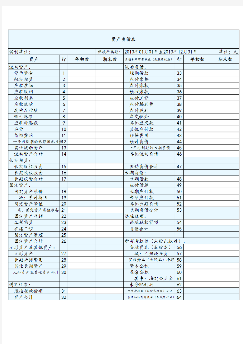 资产负债表模板