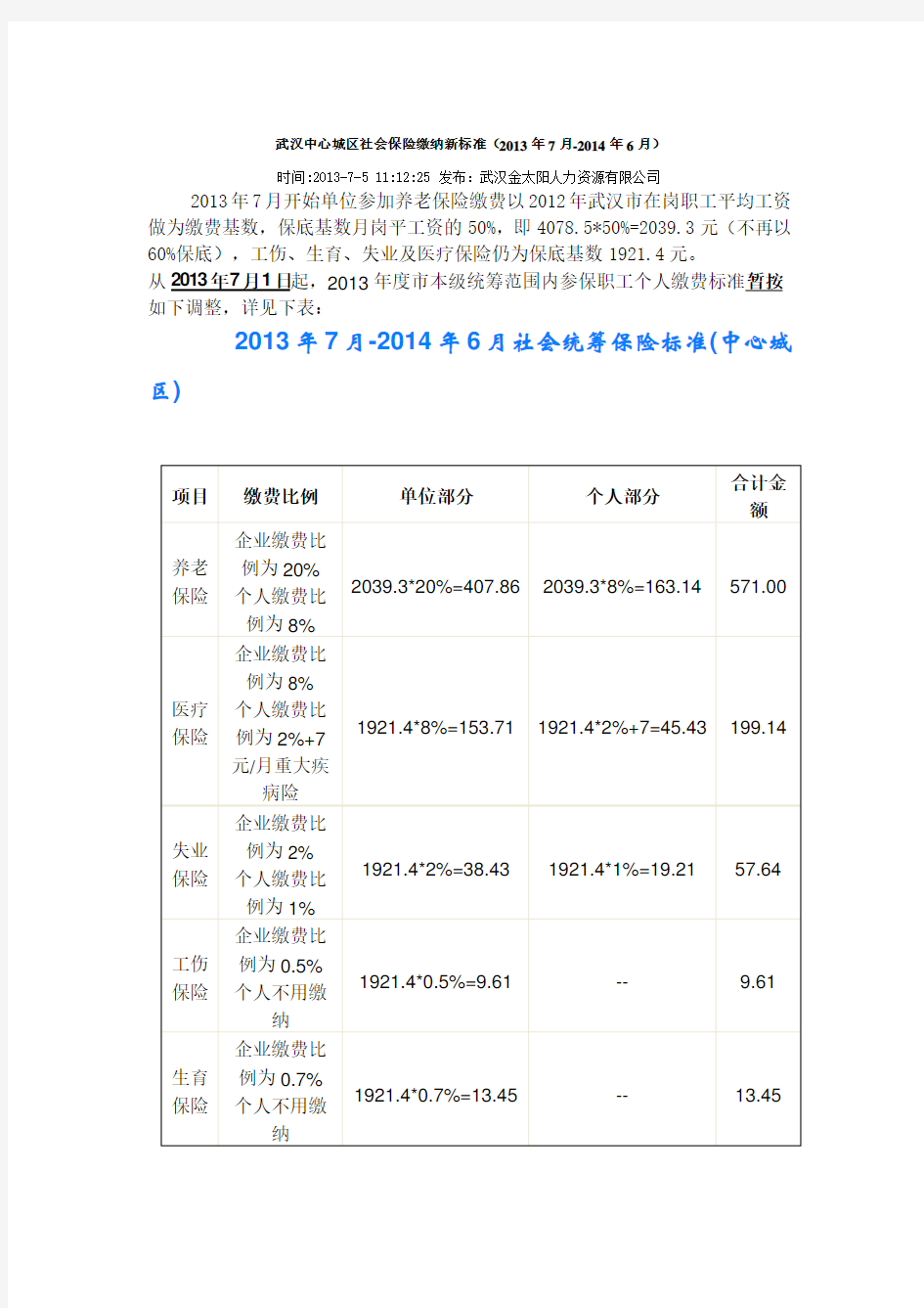 武汉中心城区社会保险缴纳新标准