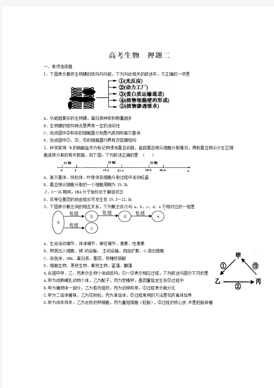 2020全国卷高考生物押题二 附答案