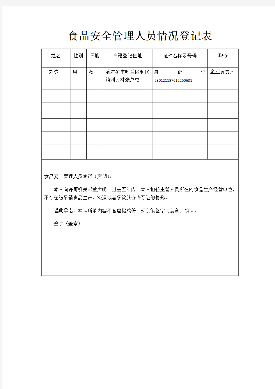 食品安全管理人员情况登记表