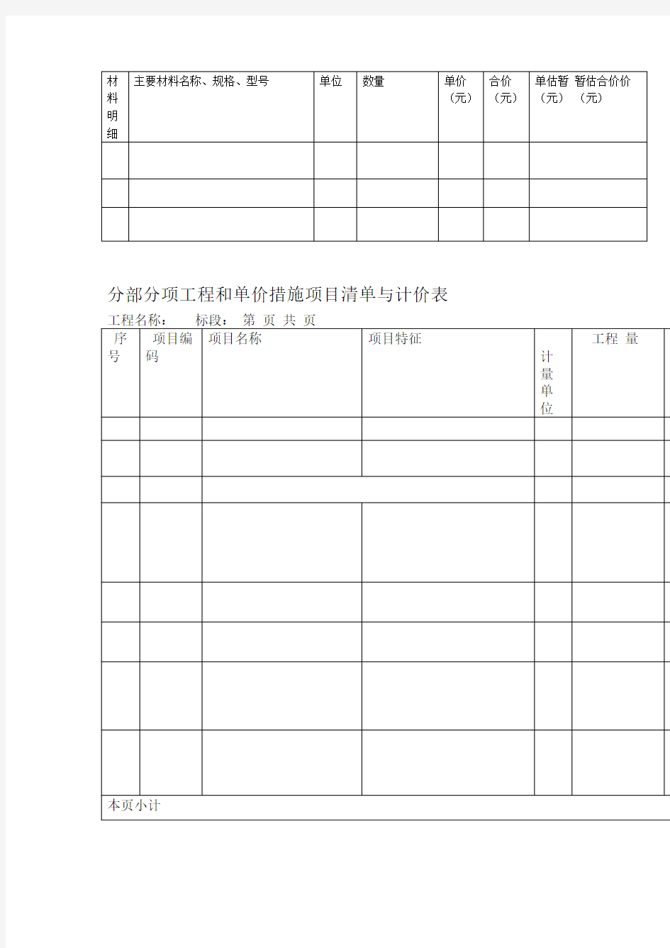 分部分项工程量清单综合单价分析表