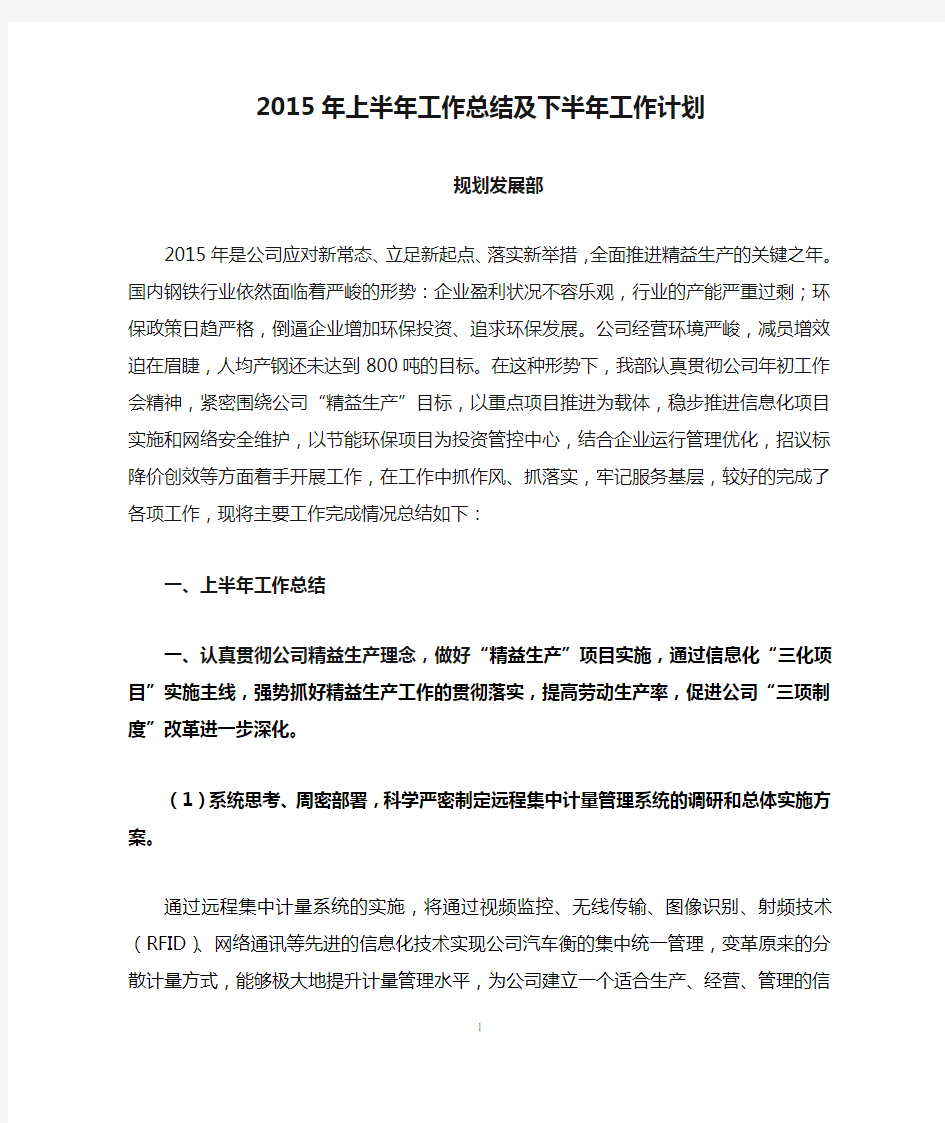 规划发展部2015年上半年工作总结及下半年工作计划讲解