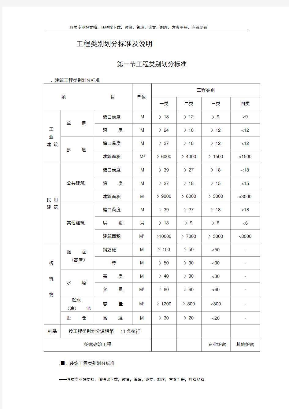 工程类别划分标准及说明