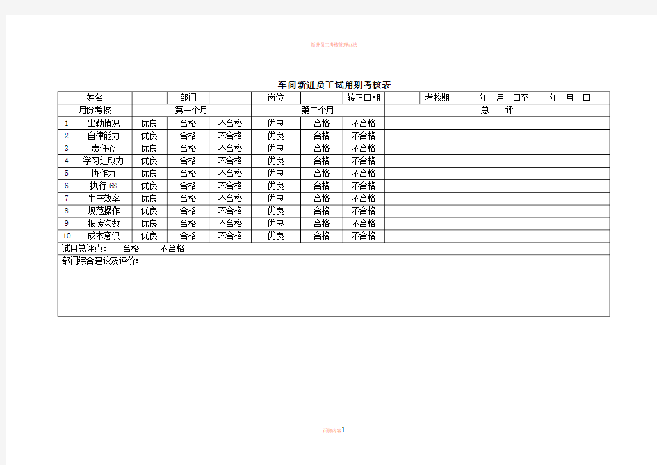 新进员工试用期考核表