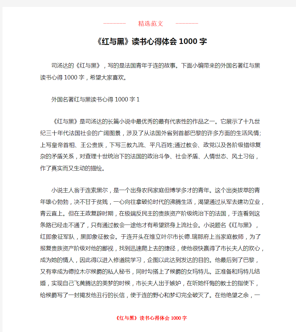 《红与黑》读书心得体会1000字