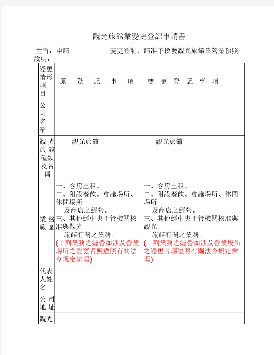 观光旅馆业变更登记申请书