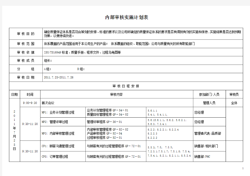 精密五金制造有限公司 内部审核实施计划表