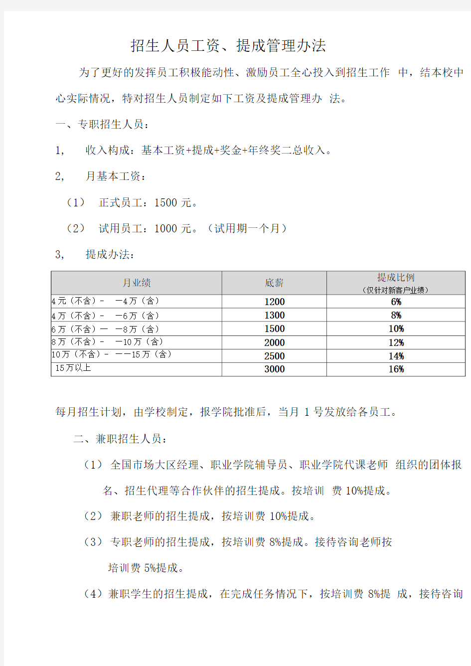 招生人员工资、提成办法