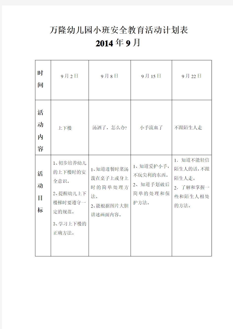 幼儿园小班安全教育活动计划表