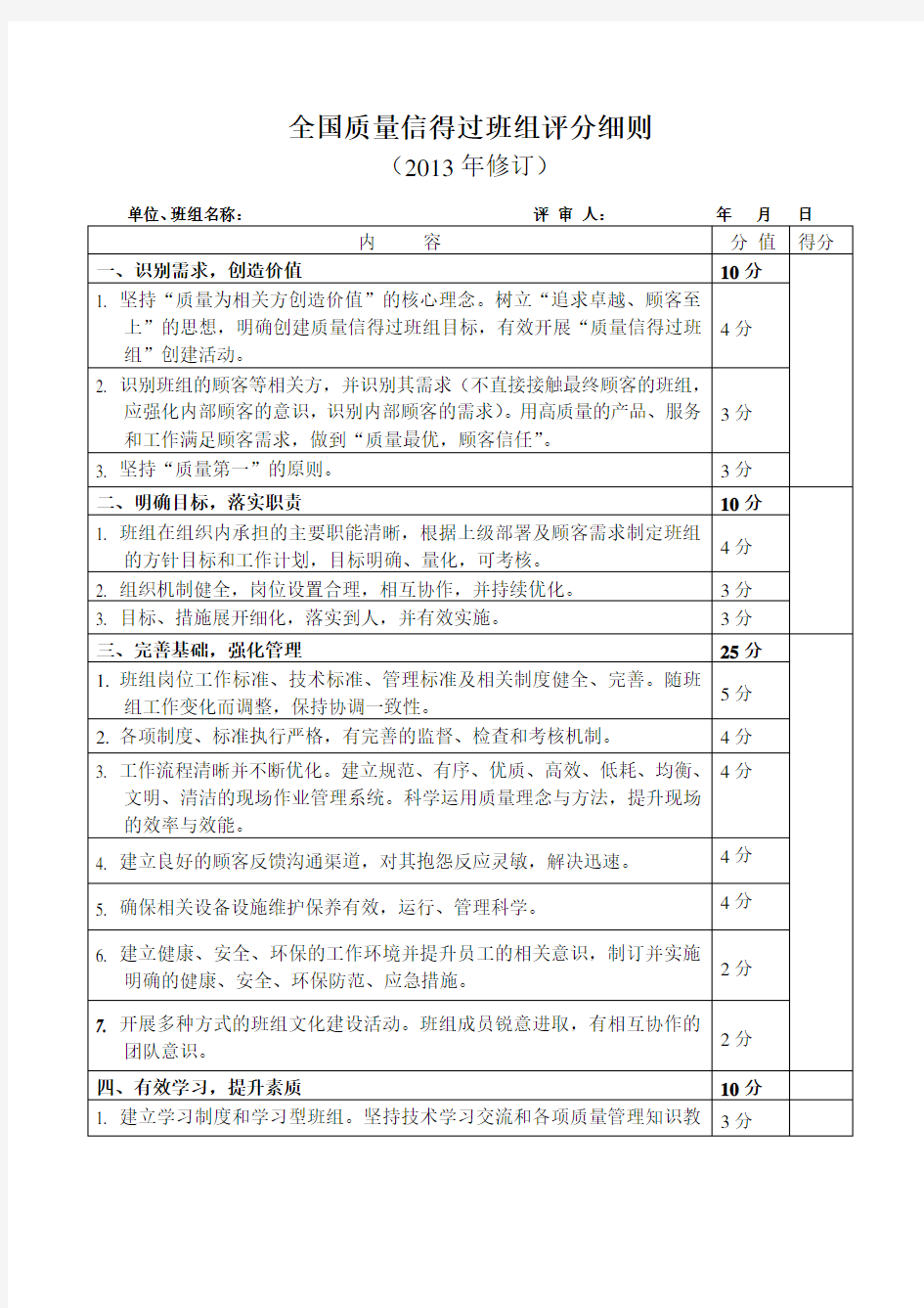 质量信得过班组评分细则