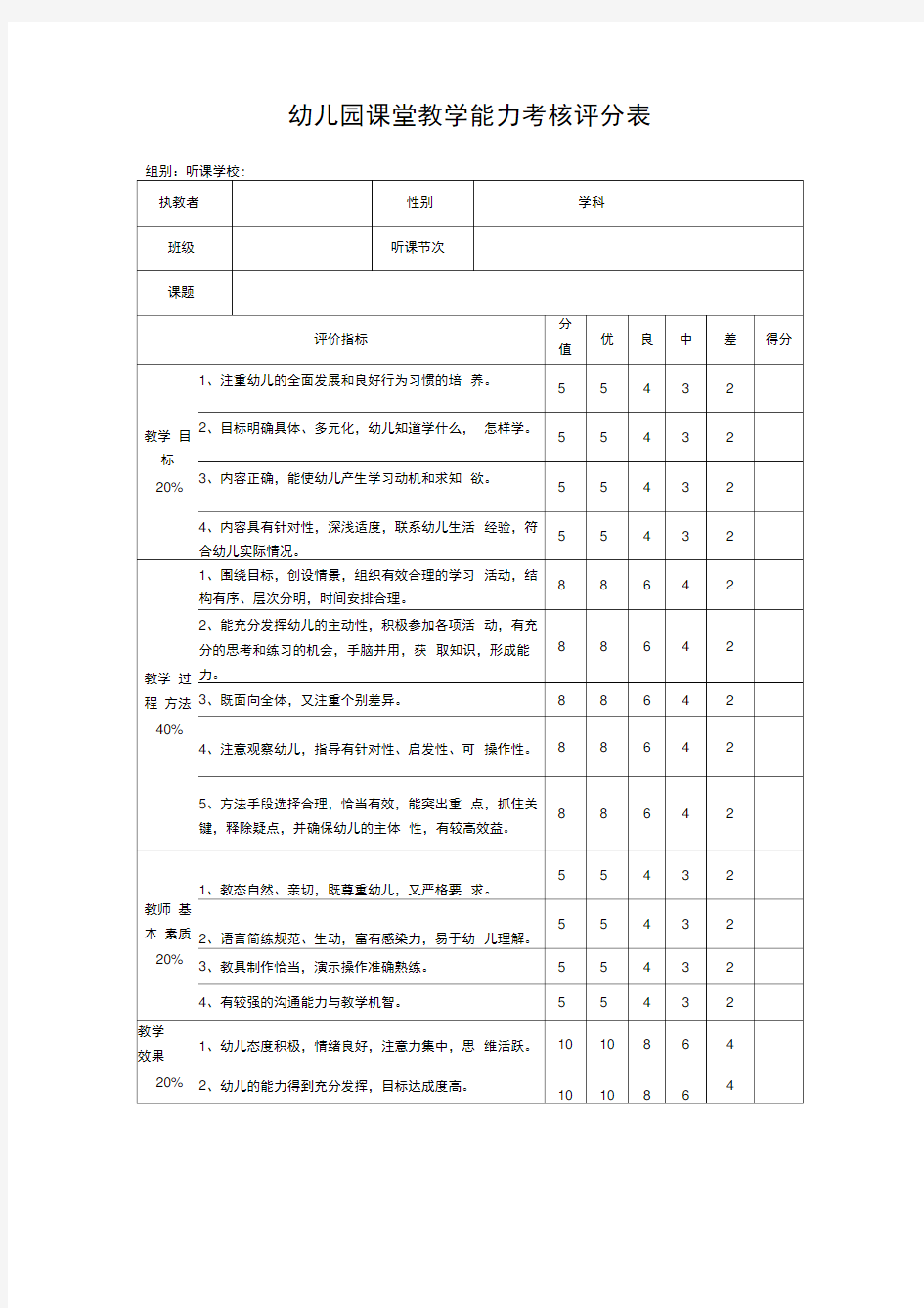 幼儿园课堂评价表