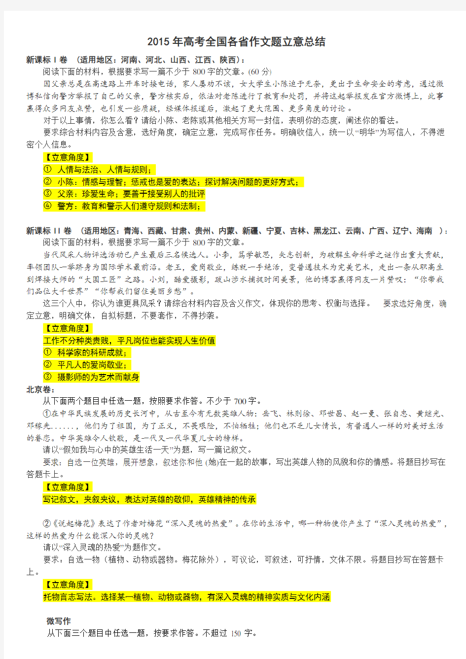 2015年全国各省高考作文题立意总结