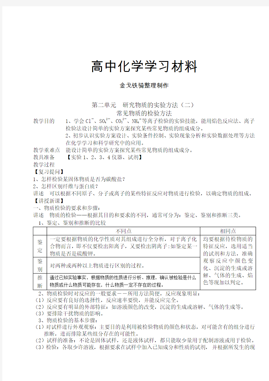 人教版高中化学必修一常见物质的检验方法