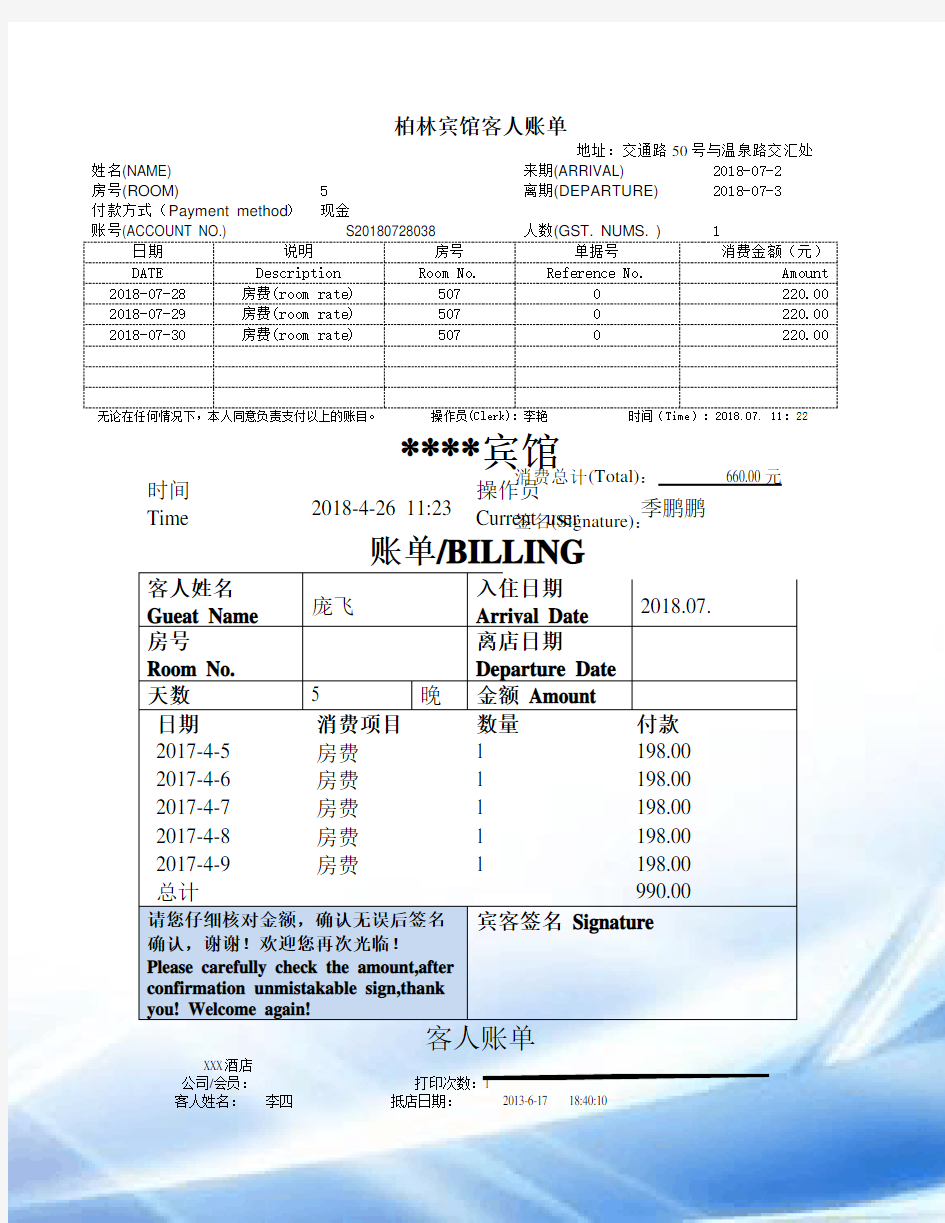 酒店住宿清单模板共5份不同的模板