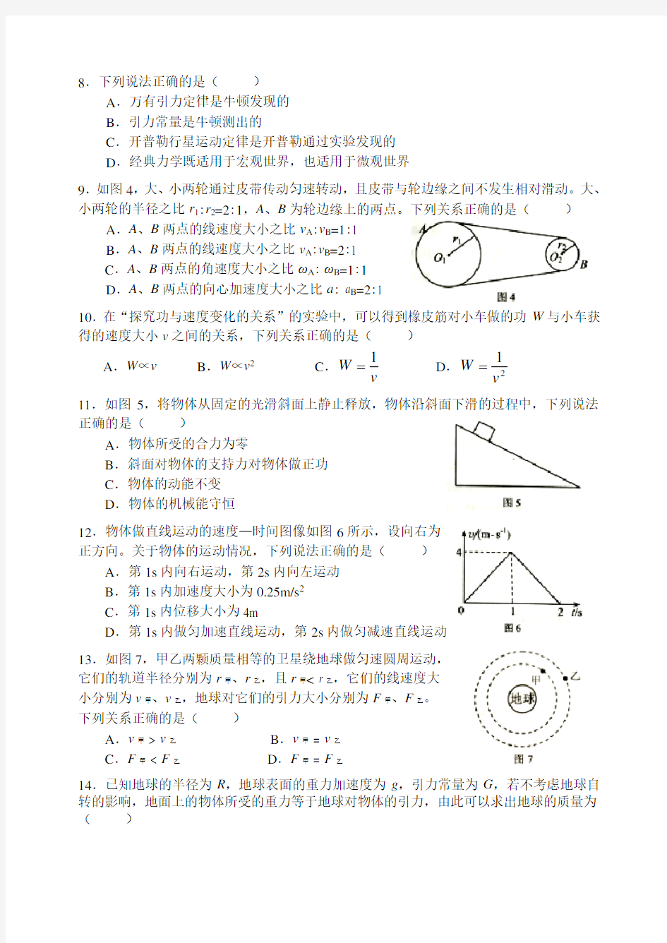 2016年湖南普通学业水平考试物理真题卷及答案